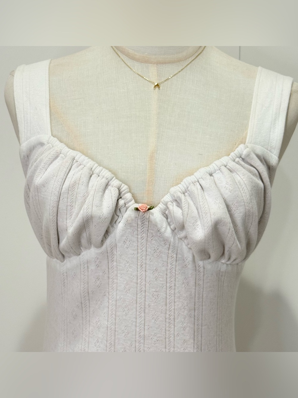 With Jean Cher Mini Dress Small White Pointelle Milkmaid Coquette Feminine Rose - Picture 8 of 12